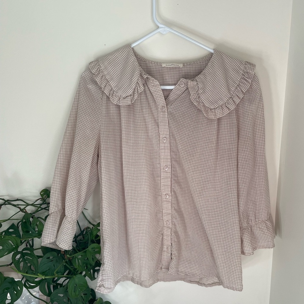Neuflora Women's Beige Ruffle Gingham Collar Blouse
